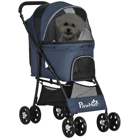 Rootz Folding Dog Stroller - Pet Stroller - 1 Basket - 1 Cushion - 1 Side Pocket - Universal Wheels - Navy Blue - 81cm x 48cm x 99cm