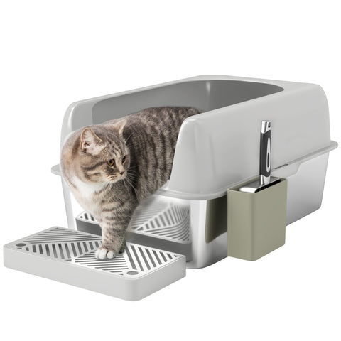 Rootz Cat Toilet Litter Box - Stainless Steel - High Walls - Easy Cleaning - 60.2cm x 40.6cm x 29cm