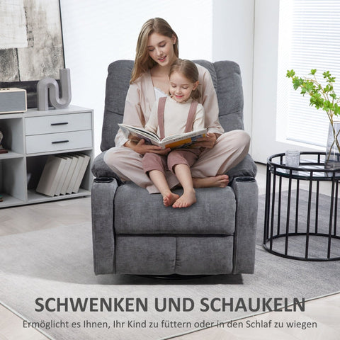 Rootz Recliner Chair - Tv Armchair - Relaxation Chair - 135°Adjustable Backrest - Extended Footrest - Swivel & Rocking Functions - Dark Gray - 88cm x 96cm x 108cm