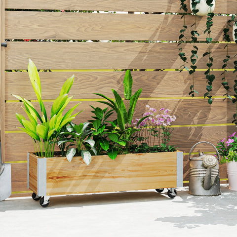 Rootz Rectangular Planter on Rolls - Plant Container - Rolling Planter - Optimal Drainage - 96 x 30.6 x 30 cm Natural Wood