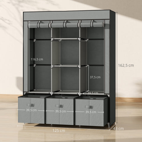 Rootz Fabric Wardrobe - Folding Cabinet - Space-saving Storage - Keeps Clothes Dust-Free - Grey - 125cm x 43cm x 162.5cm