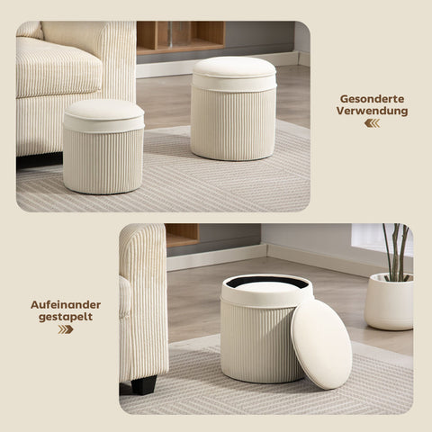 Rootz Set of 2 Storage Stools - Ottomans - Velvet Footstool - Space-Saving, Hidden Storage - White - 36x36x41.5cm & 32x32x33.5cm