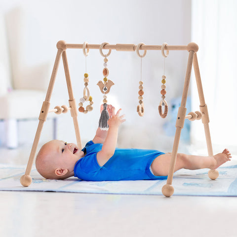 Rootz Wooden Baby Gym with 4 Toys - Infant Play Gym - Sensory Development Gym - Interactive & Engaging - Natural Beauty & Durability - 60cm x 40cm x 50cm