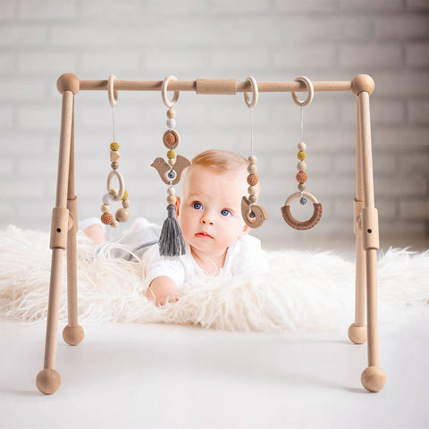 Rootz Wooden Baby Gym with 4 Toys - Infant Play Gym - Sensory Development Gym - Interactive & Engaging - Natural Beauty & Durability - 60cm x 40cm x 50cm