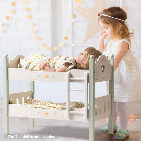 Rootz Wooden Baby Doll Bed with Ladder and Bedding - Doll Bunk Bed - Toy Bed - Safe & High Quality - Exquisite Design - Sturdy & Durable - 45cm x 30cm x 25cm - Premium Wood - Green