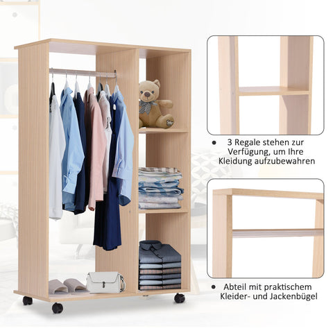Rootz Mobile Wardrobe - Rollable Clothes Rack - Cloakroom Cabinet - High-Quality Wood - 80 x 40 x 128 cm