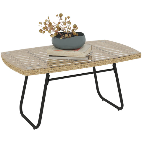 Rootz Poly Rattan Garden Table - UV-Resistant Side Table - Outdoor Coffee Table - Elegant Glass Top - 90 x 50 x 45 cm