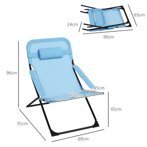 Rootz Garden Chairs - Folding Chair - 4 Level - Adjustable Breathable - Metal Frame - Steel - Polyester - Foam - Black-Blue - 69L x 91W x 96H cm