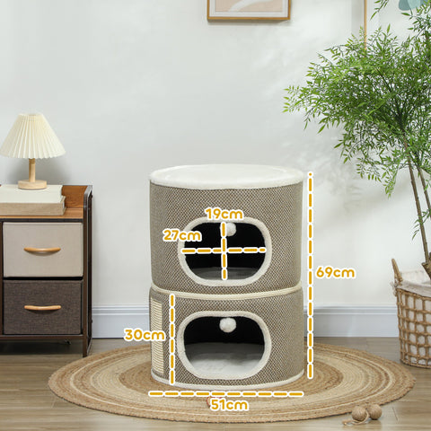 Rootz 3 Tier Cat Barrel with Cushion - Cat House - Cat Tower - Enhance Comfort - Ø51cm x 69cm, Brown- White
