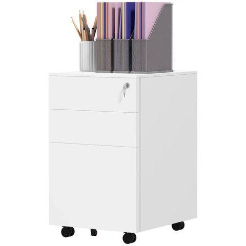 Rootz Rolling Container - Filing Cabinet - 3 Drawers - Lockable - Rollable - Pre-assembled Body - White - 37 cm x 43.5 cm x 60 cm
