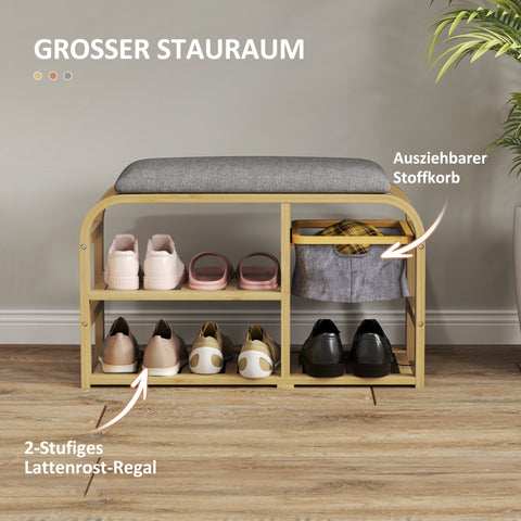 Rootz Shoe Bench with Shelves - Shoe Storage Bench - Bamboo Seat - Upholstered Seat - 70cm x 30cm x 45cm - Soft Comfort & Efficient Organization