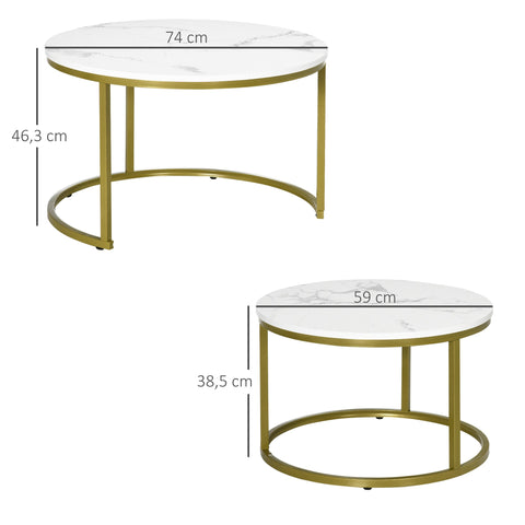 Rootz Marble Look Side Table Set - Coffee Tables - Nesting Tables - Space-Saving, Easy to Clean - Ø74 & Ø59 cm - White & Gold Finish