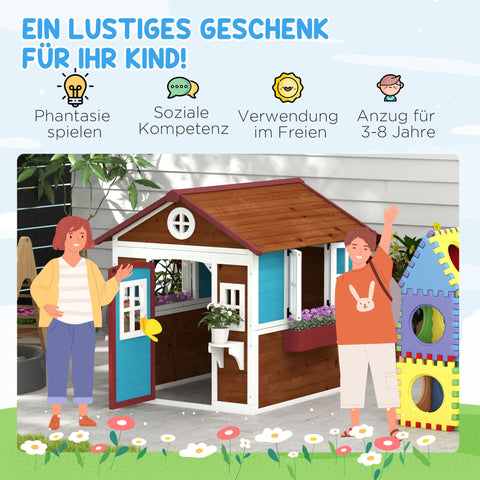 Rootz Children's Wooden Playhouse - Outdoor Garden Play House - Kids Play Hut - Safe & Weatherproof - 114cm x 126.4cm x 135cm