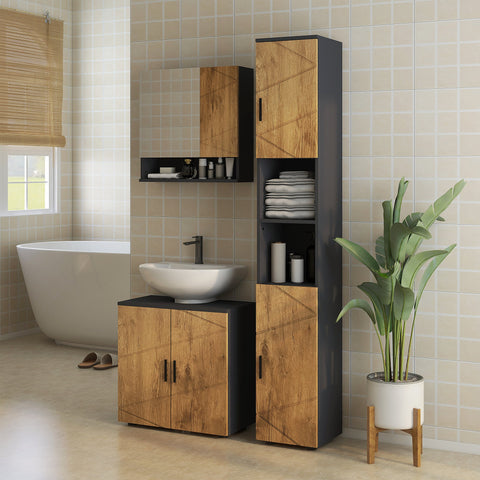 Rootz 2 Door Vanity Unit - Bathroom Cabinet - Storage Cupboard - MDF & Chipboard Durability - 60cm x 30cm x 60cm - Brown- Grey