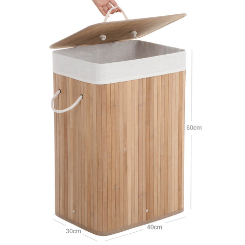 Rootz Bamboo Laundry Basket - Clothes Hamper - Laundry Hamper - Bamboo Coat - Cotton Laundry Bag - Ventilated Design - Prevents Mold - Prevents Deformation - Durable Metal Rings - Easy to Clean - Washable Bag - 40cm x 60cm x 30cm