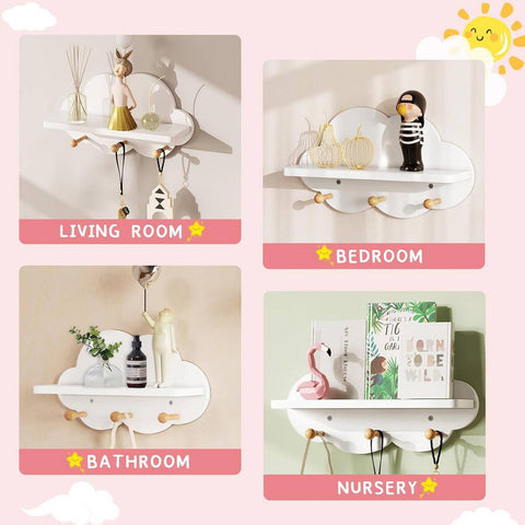 Rootz Cloud Shape Children's Wall Shelf - White Floating Shelf - Kids Room Organizer - E1 MDF Material - 36cm x 12cm x 20.5cm