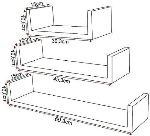 Rootz U-Shaped Wall Shelf Set - Rustic Floating Shelves - Wall Mounted Decor - Space Saving - Durable MDF - 60.3cm x 15cm x 10.5cm