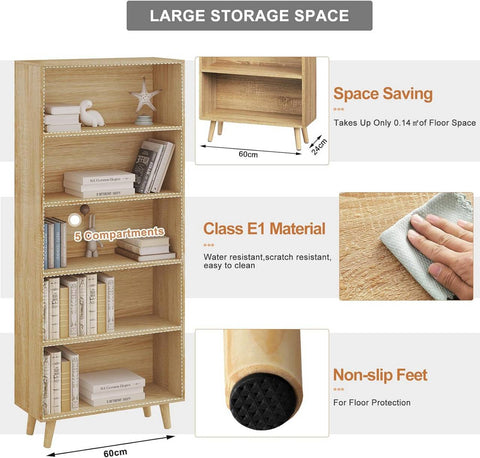 Rootz Modern 5-Compartment Bookcase - Freestanding Shelving Unit - Storage Organizer - Scratch-Resistant, Water-Repellent, Anti-Tip Safety - 60cm x 144cm x 24cm