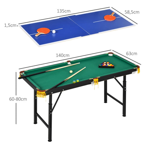 Rootz 2-in-1 Pool Table and Table Tennis Table - Billiards Table - Ping Pong Table - Effortless Switching - Stylish Design - Height Adjustable - 140cm x 63cm x 60-80cm - MDF, Steel, Plastic