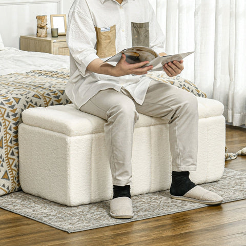 Rootz Upholstered Bench with Storage - Bed Bench - Window Seat - Cream White - Solid Wood Frame - 102cm x 45cm x 46cm