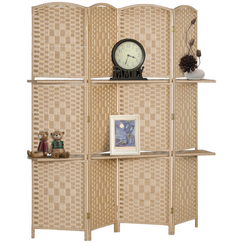 Rootz Room Divider Paravent 4 Panels - Privacy Screen - Folding Partition - 2 Shelves - Wood - 160L x 1.6B x 170H cm