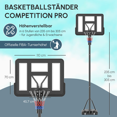 Rootz Basketball Stand - Hoop System - Adjustable Heights - Spring-Loaded Basket - 2.35-3.05m Basket Height - 110x75cm Back Panel - Mobile Design