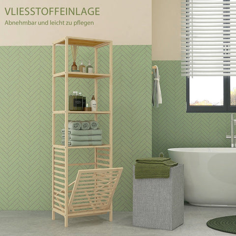 Rootz Bamboo Bathroom Cabinet - Slim Storage Unit - Tilting Laundry Hamper - Natural Finish - 44cm x 33cm x 160cm