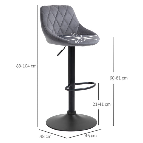 Rootz Set of 2 Bar Stools - Height Adjustable Chairs - Swivel Seats - Velvet Upholstery - Ergonomic Comfort - 46x48x83-104cm, Grey