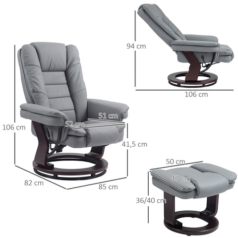 Rootz Reclining Swivel Chair with Stool - Relaxation Chair, Tilting Backrest - Faux Leather - 85x82x106 cm - 130 kg Capacity - Grey