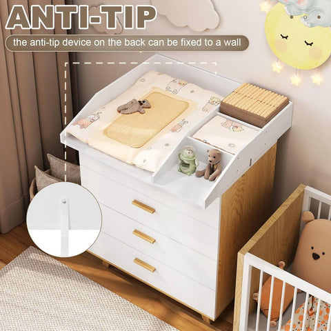 Rootz Diaper Attachment - Changing Table Insert - Nursery Drawer Topper - Safety Edges - 80x13.5x74.5 cm - White, Brown