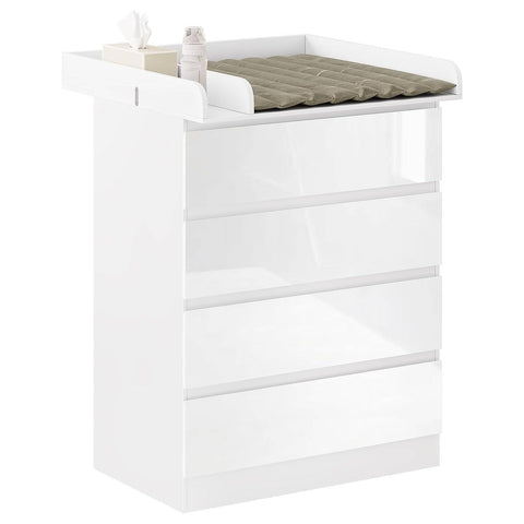 Rootz Changing Table - Baby Changing Station - Diaper Organizer - 110cm x 75cm x 109.2cm - Lumbar Support - 4 Drawers - White Wood