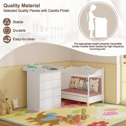 Rootz Changing Table - Baby Changing Station - Diaper Organizer - 110cm x 75cm x 109.2cm - Lumbar Support - 4 Drawers - White Wood