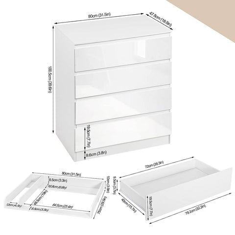 Rootz Changing Table - Baby Changing Station - Diaper Organizer - 110cm x 75cm x 109.2cm - Lumbar Support - 4 Drawers - White Wood
