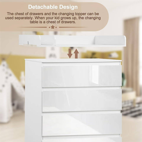 Rootz Changing Table - Baby Changing Station - Diaper Organizer - 110cm x 75cm x 109.2cm - Lumbar Support - 4 Drawers - White Wood
