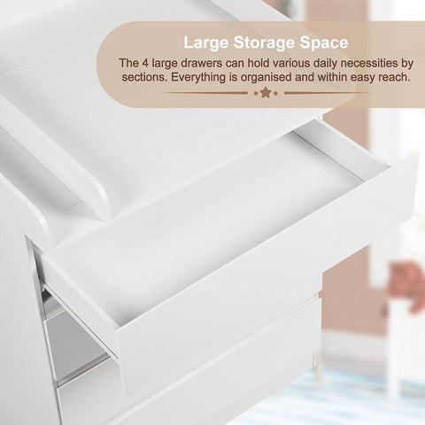 Rootz Changing Table - Baby Changing Station - Diaper Organizer - 110cm x 75cm x 109.2cm - Lumbar Support - 4 Drawers - White Wood