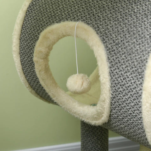 Rootz Cat Scratching Post - 1 Cat Cave - 2 Lying Surfaces - Chipboard - Plush - Imitation Linen - Gray + Natural - 60 cm x 40 cm x 104 cm