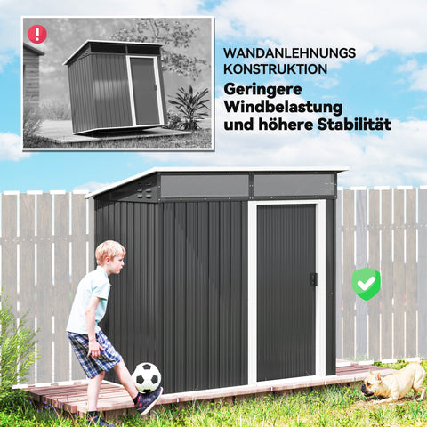 Rootz Garden Shed - Tool Shed - Equipment House - Waterproof Steel - Weatherproof - 1.95m x 1.22m x 1.59/1.82m - Grey