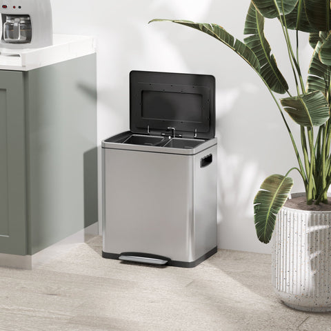 Rootz Kitchen Waste Bucket - Dual Compartment Trash Can - Pedal Bin - Stainless Steel - Quiet Lid - 40cm x 34.8cm x 47.5cm
