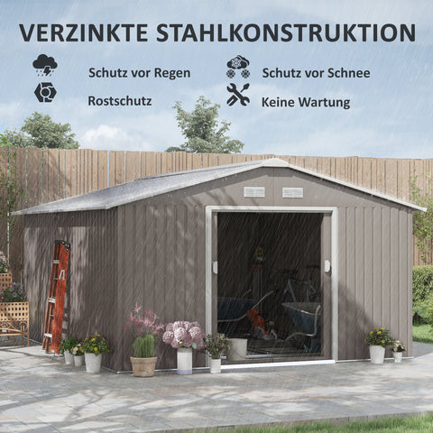Rootz Tool Shed - Weatherproof Garden Shed - Outdoor Storage - Ventilated Steel Shed - 340cm x 386cm x 200cm