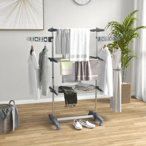 Rootz Clothes Drying Rack - Clothes Airer - Tumble Dryer - 5 levels - Foldable - One-click System - Stainless Steel - Gray - Silver - 142L × 55W × 172H cm