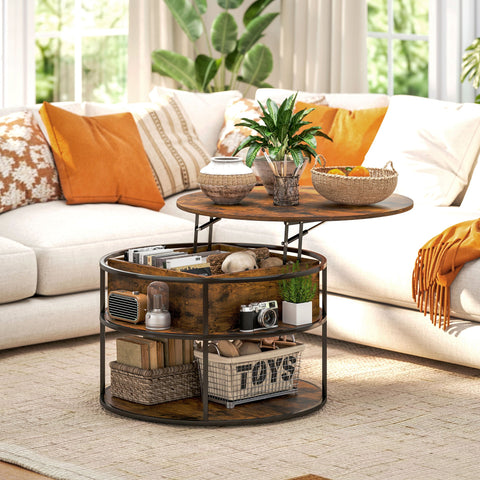 Rootz Round Coffee Table - Lifting Table Top - Storage Coffee Table - Space-Saving Design - Ø80cm x 47-61.5H cm - Brown