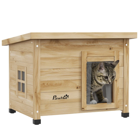 Rootz Cat House - Outdoor Cat Shelter - Wooden Cat Retreat - Transparent Window - Privacy Curtain - 57cm x 45cm x 43cm