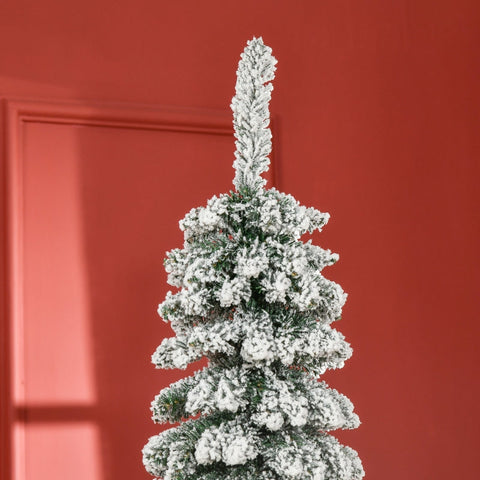 Rootz 210cm Artificial Christmas Tree - Snow-Covered Branches - Festive Decor - Narrow Design - Fireproof - Metal Stand - Green+White - 54cm x 54cm x 210cm