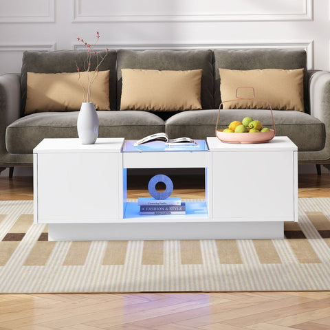 Rootz Modern Coffee Table - White Centerpiece - LED Accent Table - App-Controlled Lighting - 100cm x 50cm x 35.5cm