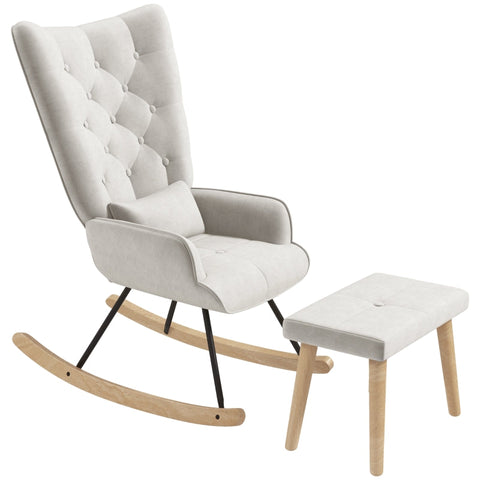 Rootz Lounge Chair with Stool - Rocking Chair - Upholstered Chair and Footstool - Velvet Padding - Rubber Wood Legs - Cream White - 66cm x 96cm x 101cm