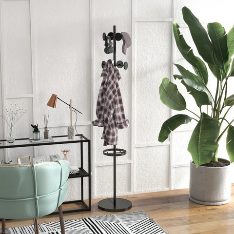 Rootz Kapstok - Hoedenstandaard - Inclusief Paraplurek - 12 Kapstokken - Metaal - Hal - Garderobe - Kantoor - Zwart - Φ34 x 177Hcm