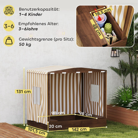 Rootz Sandpit with Canopy - Kids Play Sandbox - Childrens Play Sandpit - Benches & Storage - Protects from Sun & Mosquitoes - Brown - 142cm x 101.5cm x 131cm