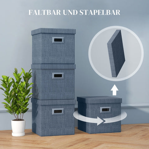 Rootz Storage Box Set - 3 Cubes - Collapsible Bins - Linen Look - Removable Lid - Side Handles - Space Saving - Blue - 30cm x 30cm x 29cm
