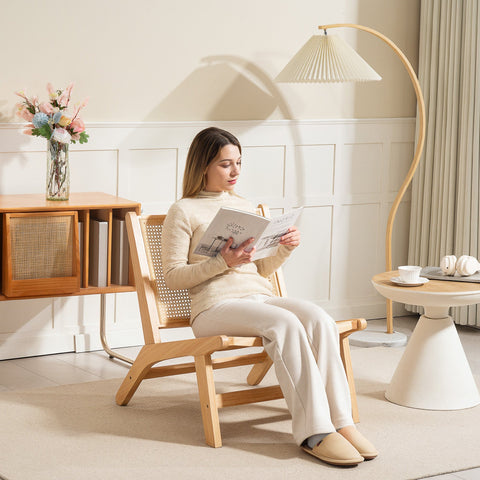 Rootz Rattan Chair - Reading Chair - Wooden Frame - Breathable Design - 64cm x 70cm x 74cm