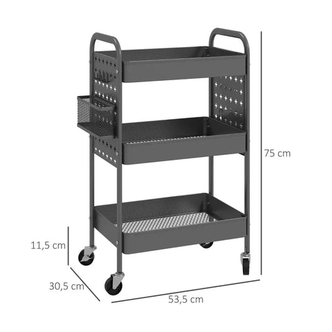 Rootz Multi-purpose Trolley - Kitchen Trolley - 3 Shelves - 4 Wheels - Gray - 53.5 cm x 30.5 cm x 75 cm